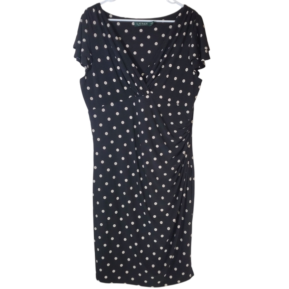🟢7570 * Lauren Ralph Lauren Polka Dot Surplice Midi Dress Black White Size 18 - Picture 2 of 9